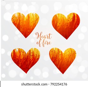 Hearts made of fire on white glowing background. Vector illustration.