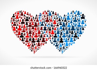 Hearts made out of large group of people silhouettes