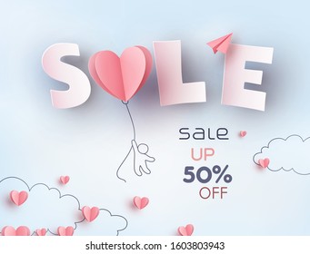 Hearts with man holding balloon Valentines sale banner. Paper flying elements on sky background. Vector pink symbols of love for Valentine's Day discount promotion design.