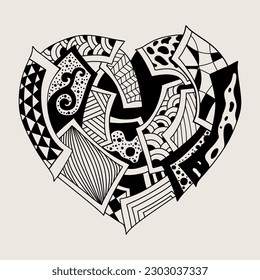 Hearts mandala zentangle style isolated on white background