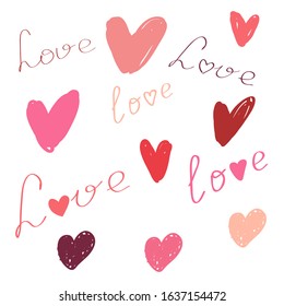 Hearts in a manual style, scribbles, squiggles. Lettering love. Vector illustration, flat design, eps 10. 