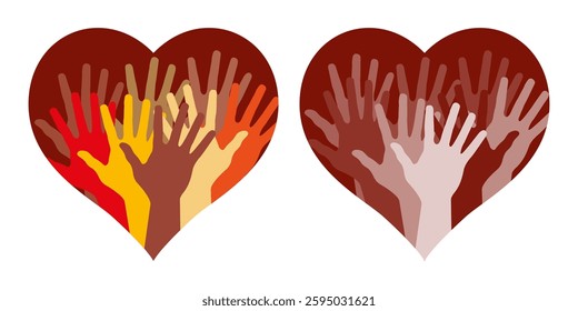 Hearts with many helping hands icons. Vector logo set.