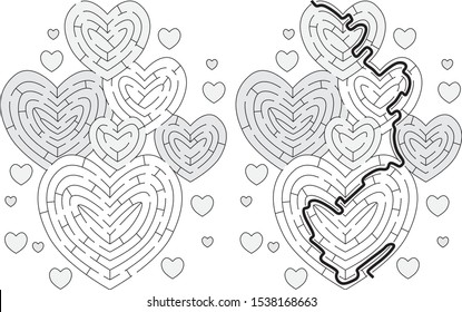 Hearts maze for kids with a solution in black and white