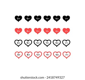 Hearts minimum age icons. Silhouette, flat and linear style. Vector icons
