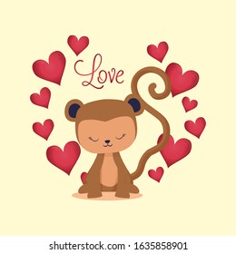 Hearts and monkey cartoon design of love passion romantic valentines day wedding decoration and marriage theme Vector illustration