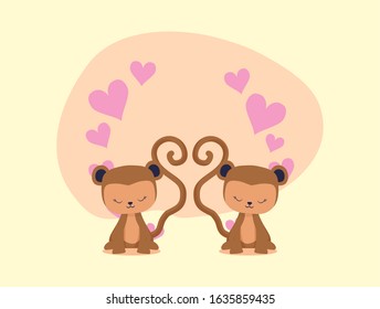 Hearts and monkeys cartoons couple design of love passion romantic valentines day wedding decoration and marriage theme Vector illustration