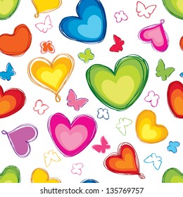 Hearts Multicolor Seamless Pattern. Abstract Paint-brushed Vector Background.