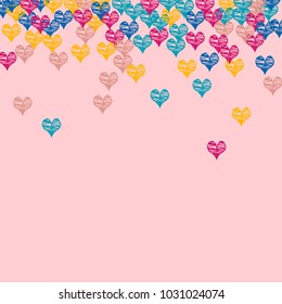 
Hearts multicolored with the effect of embroidery on a pink background