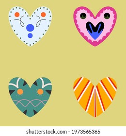 Hearts multicolored with ornament. Vector image 