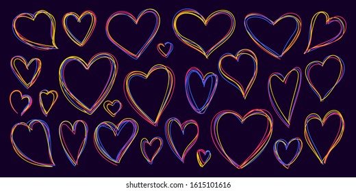 Hearts multicolour icons, lgbt rainbow lesbian, gay, bisexual love sign. Valentines day, 14 february, wedding, romantic symbol set. Hand drawn doodle style, concept isolated vector illustration