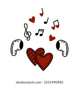 Corazones, notas de música, y auriculares doodle ilustración. Para el diseño del Día de San Valentín, lista de reproducción, proyecto de música romántica o Materiales promocionales que celebran el amor y las melodías. Corazones amorosos cantan