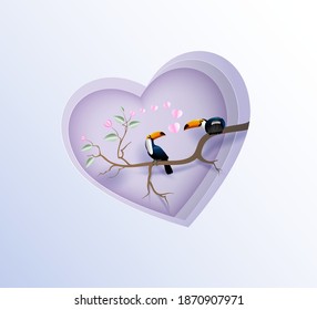 Corazones con antecedentes abstractos de amor. Sé mi valentina. Amo los mensajes románticos con corazones. 14 de febrero. Tarjeta de San Valentín, con honbill birds of love. ilustración de papel vectorial.