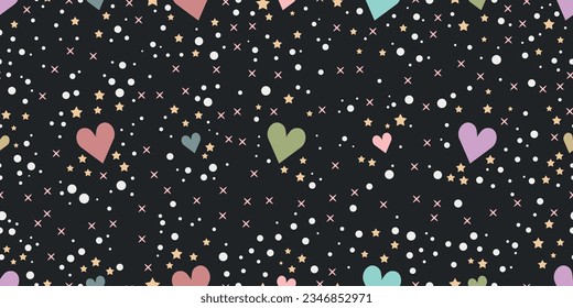 Hearts on an abstract starry sky. A canvas studded with small tinsel, and hearts. Pattern for cloth, background, packaging, notepad, wallpaper.