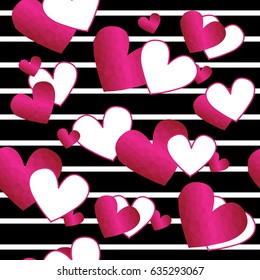 Hearts on black lines seamless pattern. Vector Illustration.