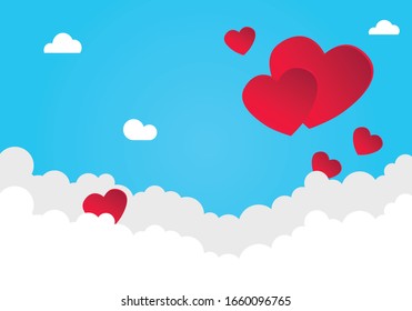 Hearts on blue sky. Modern cartoon background. Vector illustration