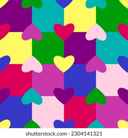 Hearts on boxes, multicolor, vertical. Seamless pattern in a concept of gender, matter, LGBTQ, alternative. love, race, age. For use as background, banner, flag, print, wrapping paper, cloth, dress.