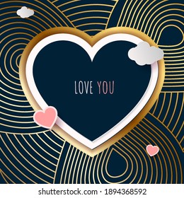Hearts on dark with abstract line gold background, symbols of love for sweet moment, Happy Women's, Mother's day. Birthday greeting card design. Vector illustration