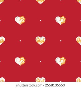 Hearts on Fire Seamless Pattern. Burning Heart Symbol of Love for Valentine day design. Bright Red Background. Hand drawn vector illustration.