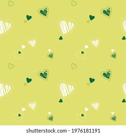 Hearts on a green background. Vector seamless pattern.