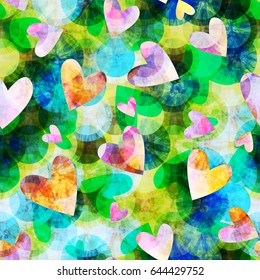 Hearts on green circles background. Abstract seamless texture. Vector pattern for fabric, wrapping, valentines day. Watercolor effect