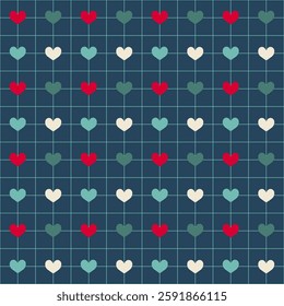 Hearts on a grid, in dark blue and red with green accents, heart seamless pattern vector illustration,  doodle summer,  kids and baby designs for print fabric.