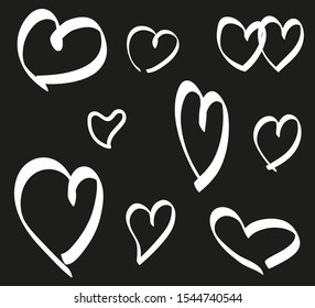 Hearts on isolated black background. Black and white illustration