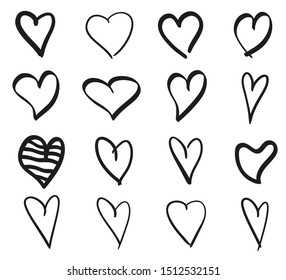 Hearts on isolated white background. Set of stylish signs. Unique elements for design. Black and white illustration