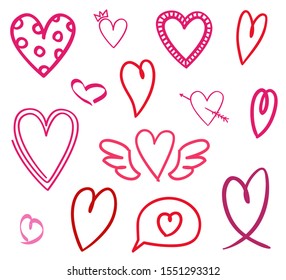 Hearts on isolated white background. Hand drawn set. Valentine's day. Sketchy elements