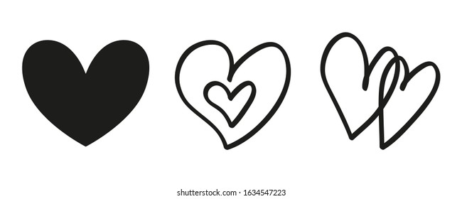 Hearts on isolated white background. Set of stylish elements for design. Black and white illustration
