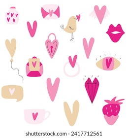 Hearts on a Light Pink Background seamless pattern. Cute Hand Drawn Heart. Tiny Pink Heart on a Red Layout. Style Romantic Print for Fabric, Textile, Valentines. Vector illustration