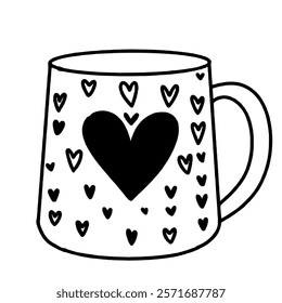 Hearts on a mug cup Valentines day Hand drawn doodle line art illustration love elements greeting card decoration 