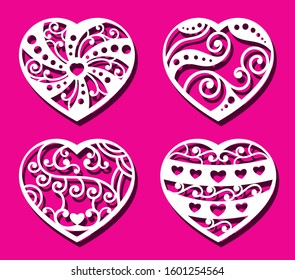 Hearts on the pink background for laser cutting. Set of white ornamental hearts