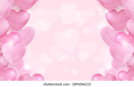 Hearts on pink pastel trendy with light glitter background, symbols of love for sweet moment, Happy Women's, Mother's day. Birthday greeting card design. Vector illustration