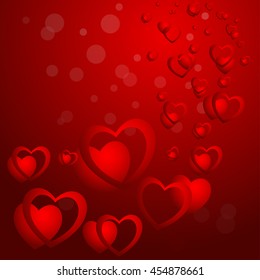 Hearts on a red background with patches of light or gurgling in the form of plume, card or banner for your inscription, stylish vector illustration EPS10