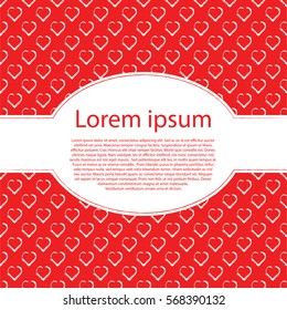 Hearts on red love background and oval text frame. Love romantic messages with hearts.February 14.Valentines day card,banner.