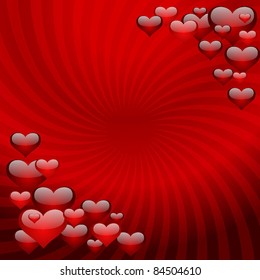 Hearts on a red striped background. Vector illustration.