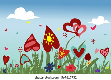 Hearts on sky background