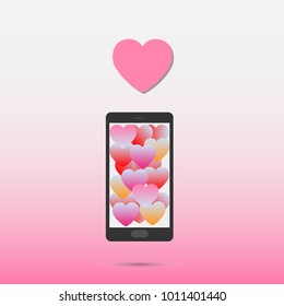 Hearts on smart phone screen with big pink heart pop over. A love on mobile technology , Valentine's day concept.