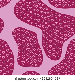Hearts on spots seamless pattern hand drawn. Pink doodle background.