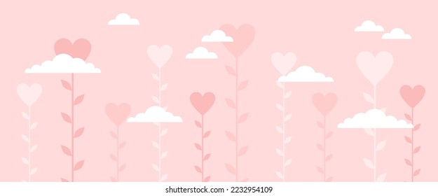 Hearts on stems and clouds on a pink background. Valentines day banner. Flat vector illustration