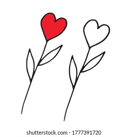 Hearts on sticks with leaves.  Drawn by the outline.  One heart is colored red.  Vector illustration in doodle style.