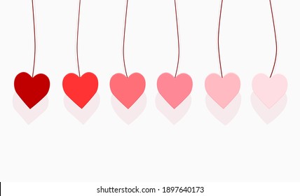 Hearts on strings in a row. Symbols of love and affection. Different colours of red. Vector Illustration.