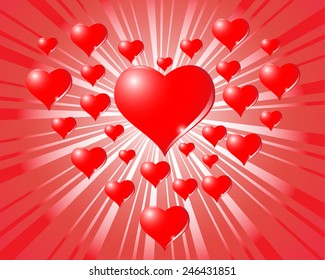 Hearts On Sunburst Background.Vector Illustration.