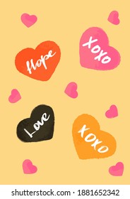 hearts on a yellow background of different colors. Valentine's Day.