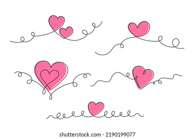 Hearts one line art, hand drawn continuous contour. Romantic symbol for February 14. Simple minimalist design. Editable stroke. Isolated. Vector illustration 