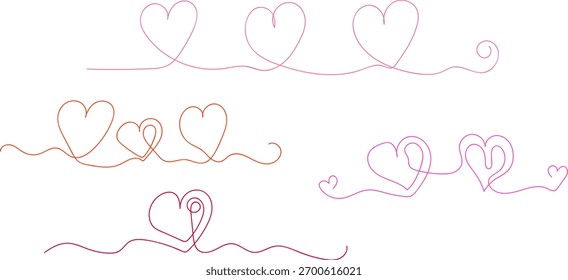 Corazones con un dibujo de una línea, un conjunto de Elementos