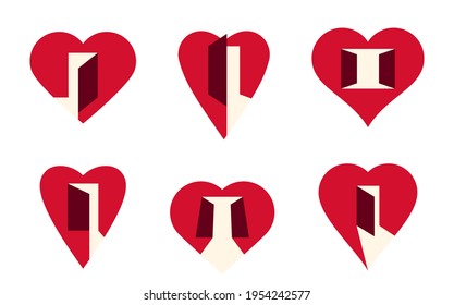 Hearts open with doors vector simple icons or logos set, graphic design elements with concept of being open for new feelings, help aid and assistance idea, care and family.