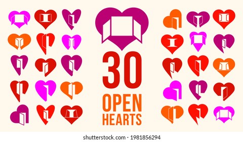 Hearts open with doors vector simple icons or logos set, graphic design elements with concept of being open for new feelings, help aid and assistance idea, care and family.