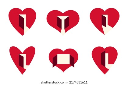 Hearts open with doors vector simple icons or logos set, graphic design elements with concept of being open for new feelings, help aid and assistance idea, care and family.