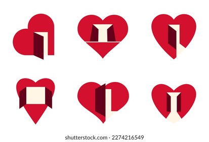 Hearts open with doors vector simple icons or logos set, graphic design elements with concept of being open for new feelings, help aid and assistance idea, care and family.